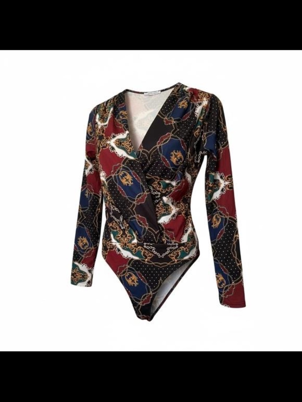 Zara Multi-Color Chain Print Wrap-Front Long Sleeve Bodysuit